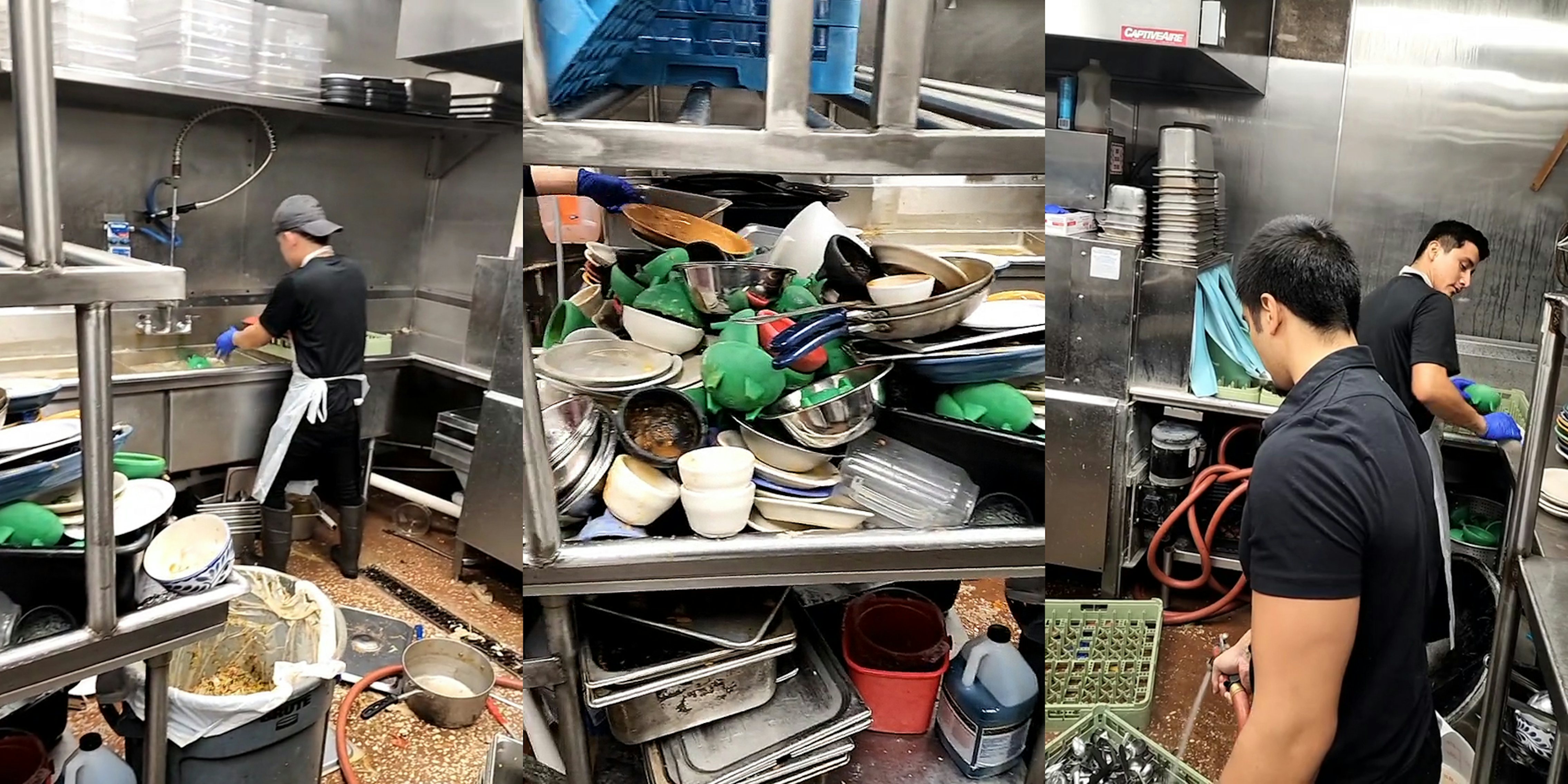worker washing dishes in sink with dishes piled everywhere (l) massive pile of dirty dishes (c) workers washing dirty dishes (r)