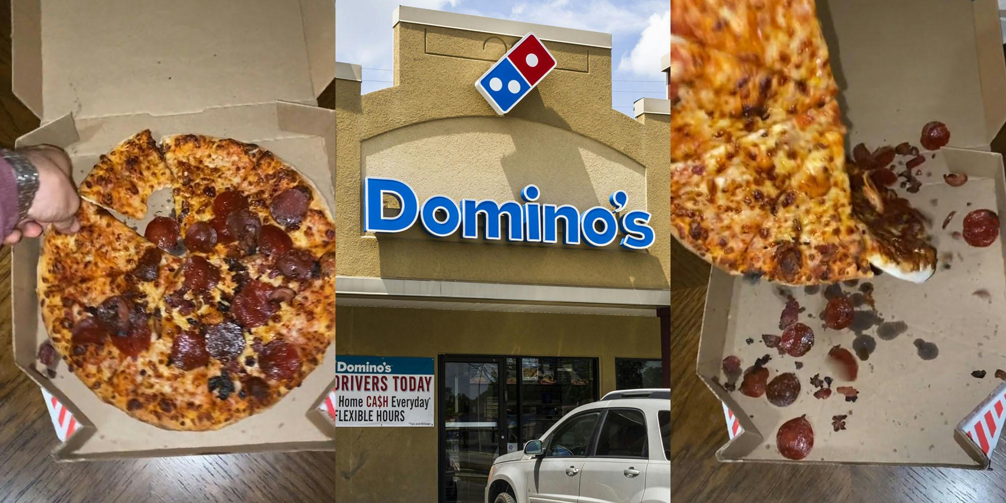 Domino's pizza with hand grabbing slice (l) Domino's sign on building (c) Domino's pizza lifted above box with pepperonis flying off (r)