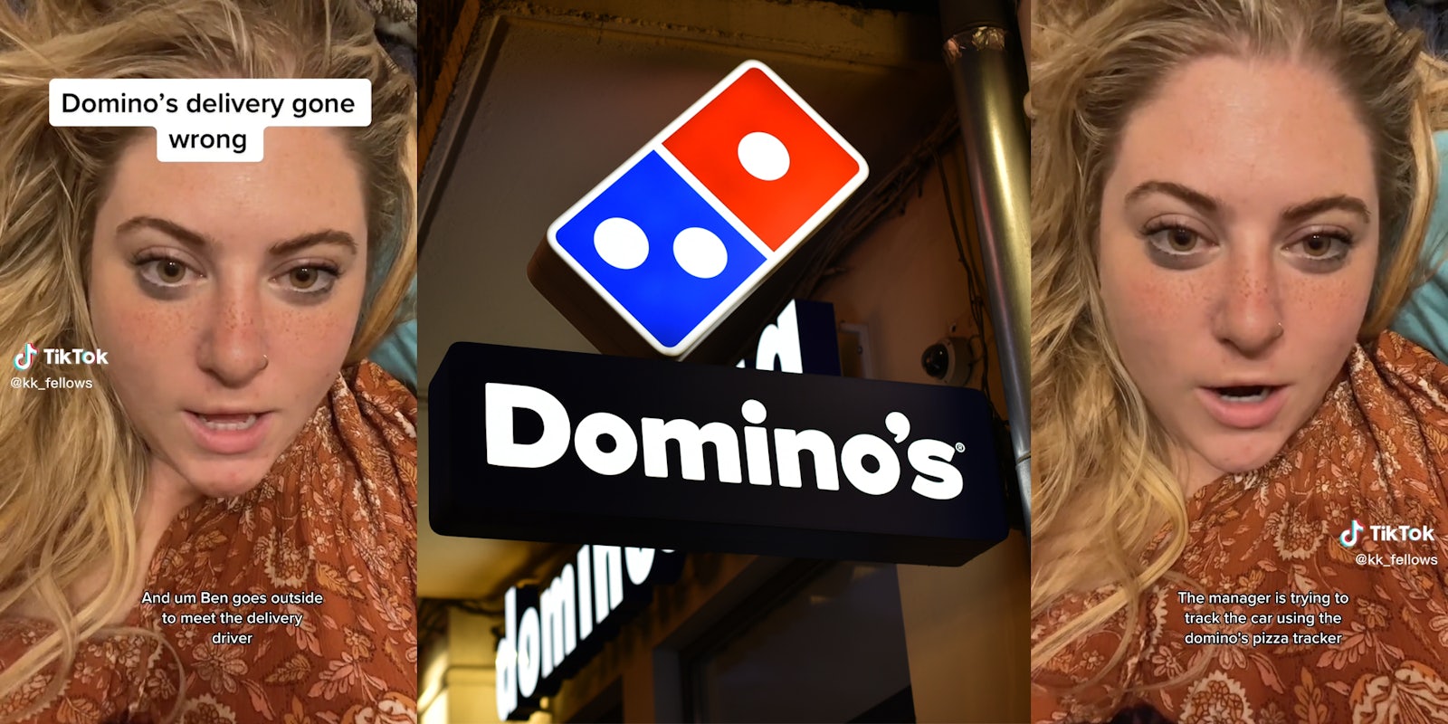 woman on bed (l&r) domino's pizza sign (c)