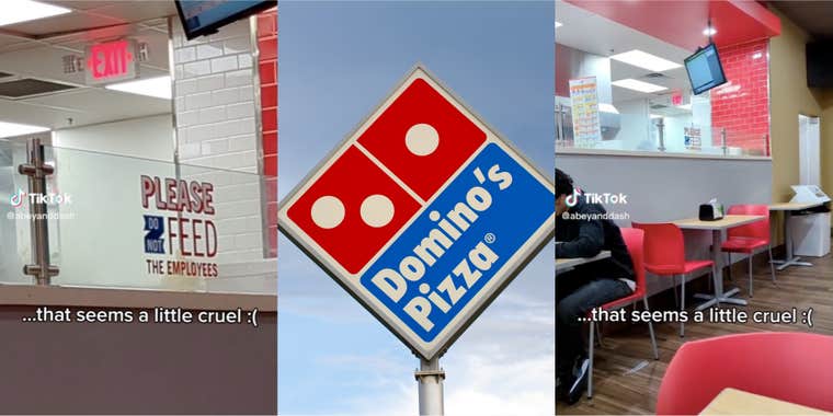 customer shows 'please do not feed the employees' sign in dominos storefront tiktok