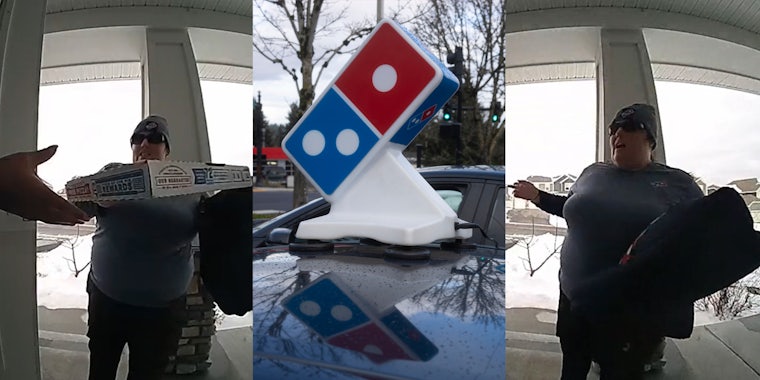 Domino's delivery driver handing customer pizza at door (l) Domino's delivery car with logo on top (c) Domino's delivery driver speaking to customer at door pointing to car (r)