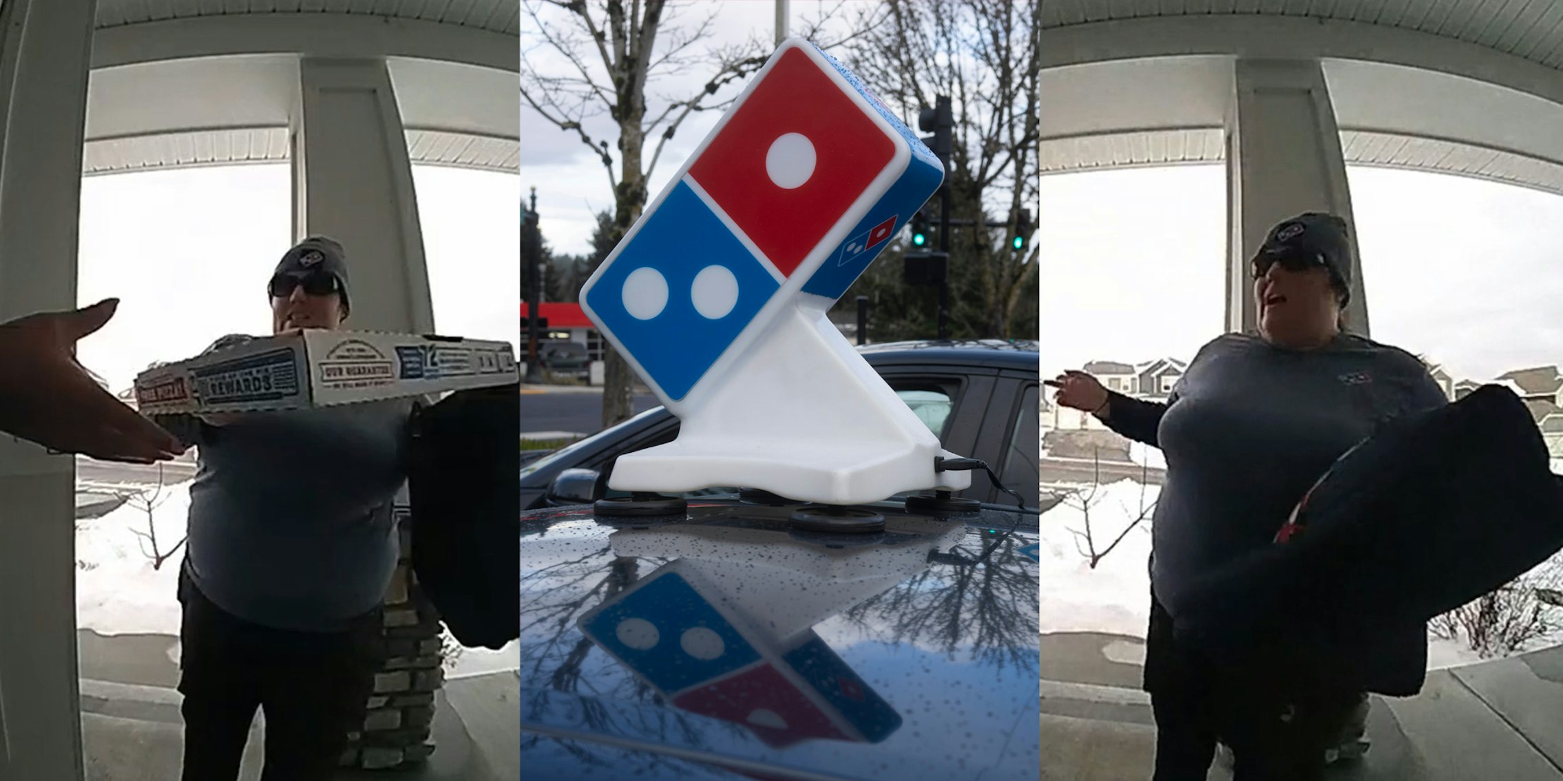 Domino's delivery driver handing customer pizza at door (l) Domino's delivery car with logo on top (c) Domino's delivery driver speaking to customer at door pointing to car (r)