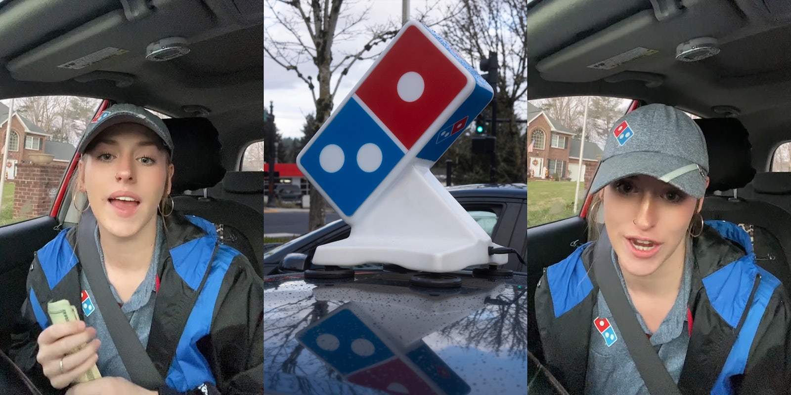 Domino's delivery driver speaking in car holding cash (l) Domino's delivery car with logo sign on car (c) Domino's delivery driver speaking in car (r)