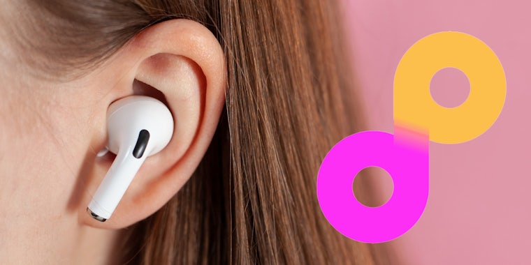 woman with Airpod in ear in front of pink background with donotpay logo on right