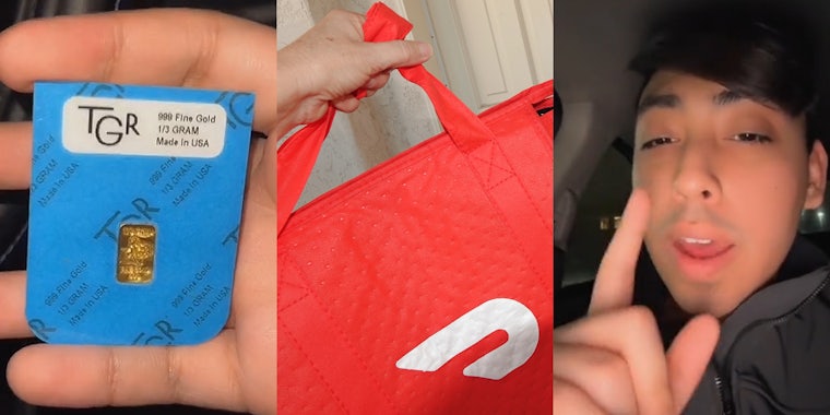 hand holding gold card (l) DoorDash delivery in hand at door (c) DoorDash driver speaking in car with finger up (r)