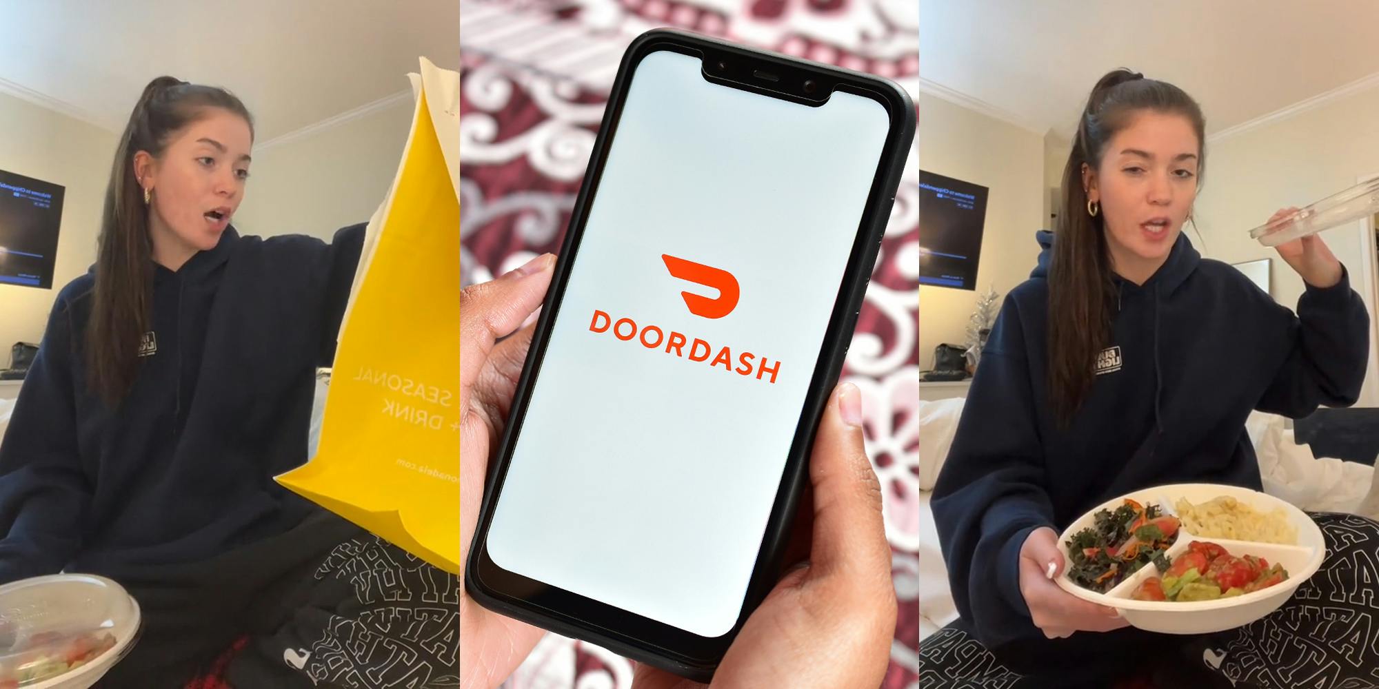 woman holding up DoorDash order in bag with food in the other hand (l) DoorDash on phone in hands in front of white and red background (c) woman holding food and lid to container speaking (r)