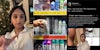 woman speaking with finger pointing (l) person grabbing Dove spray deodorant from store shelf (c) woman greenscreen TikTok over Tweet by Valentina V. 