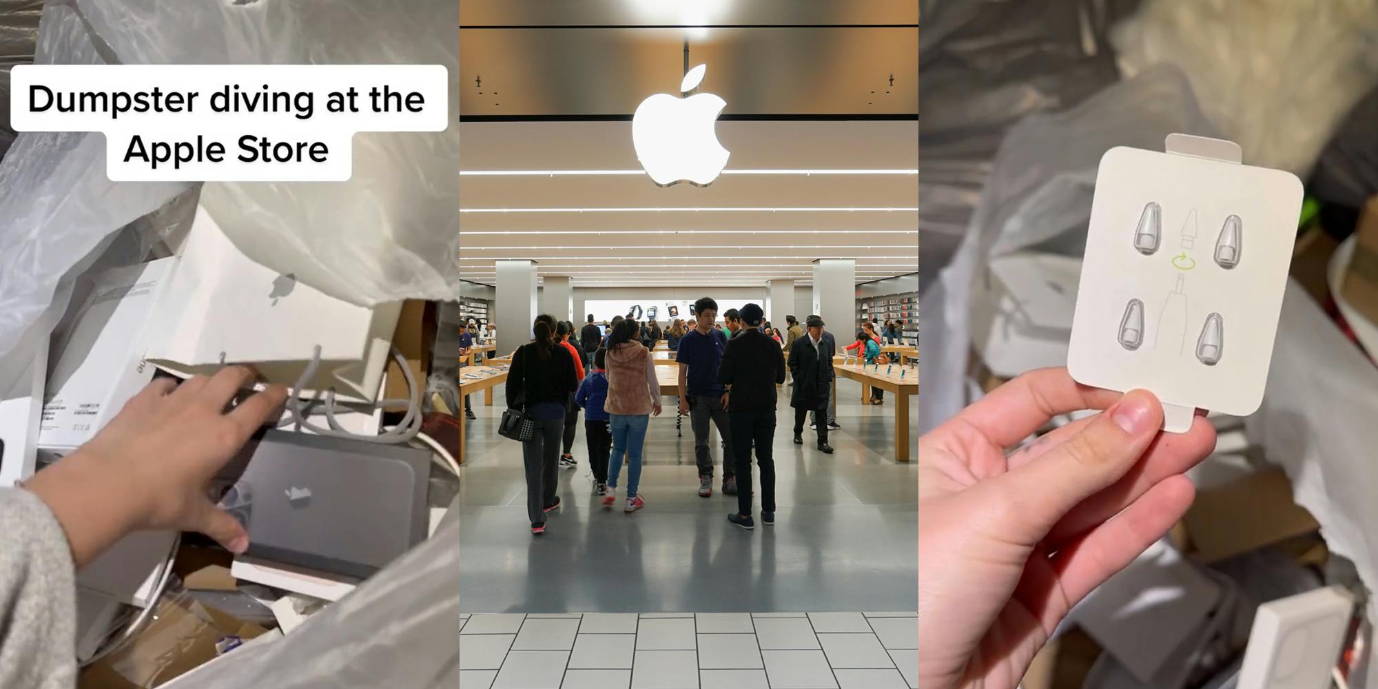 woman hand in dumpster bag at Apple store caption "Dumpster diving at the Apple Store" (l) people inside Apple store (c) woman holding up Apple pen tips brand new (r)