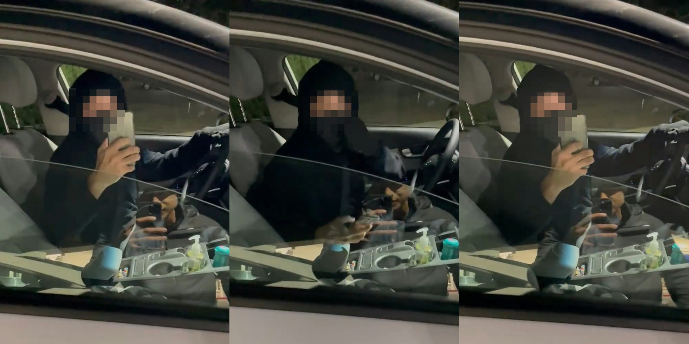 Man filming with phone in hand in car (l) man in car adjusting face mask (c) man in car with phone in hand (r)