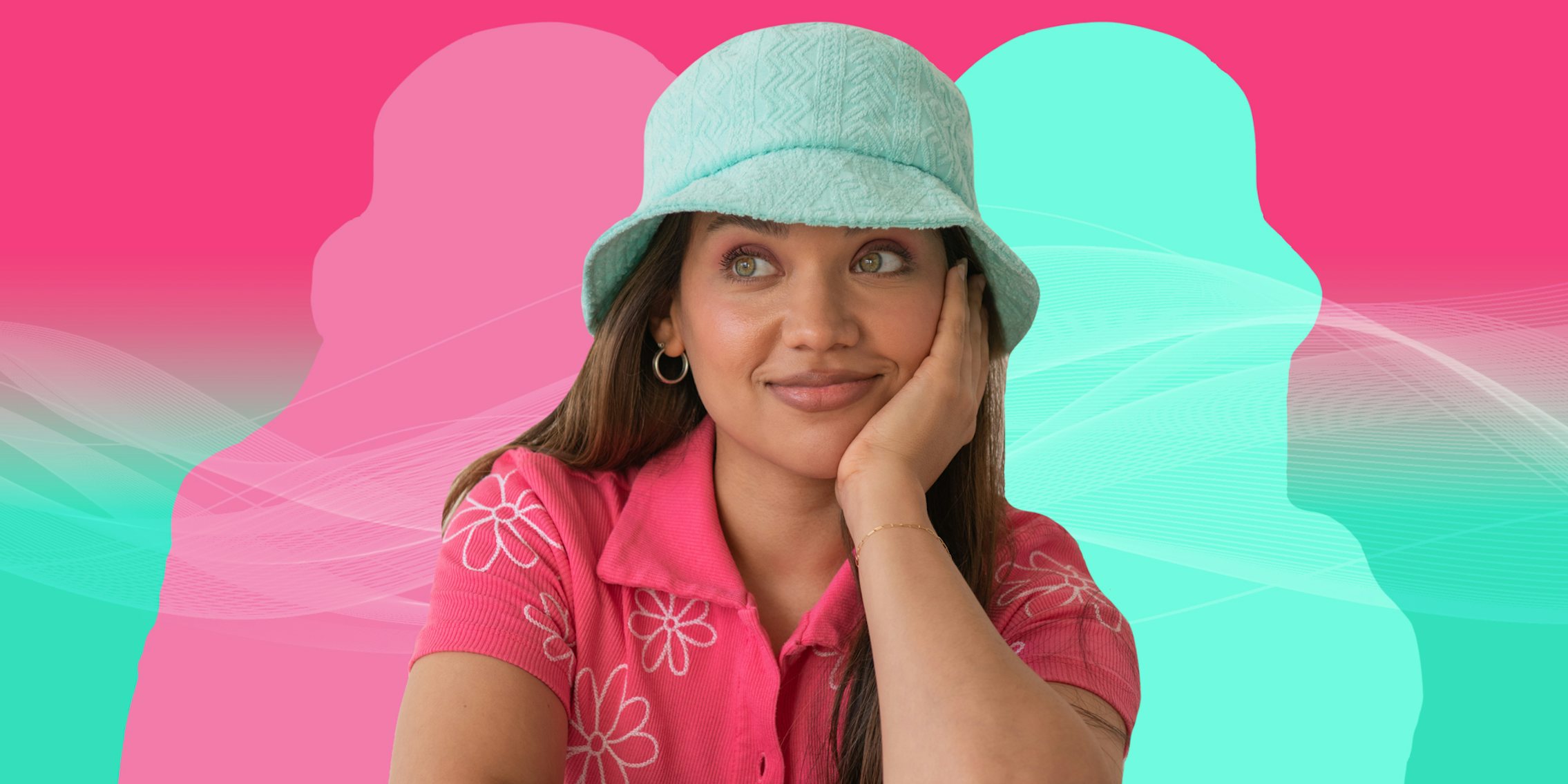 Ester Tania in front of pink to mint green vertical gradient background Passionfruit Remix