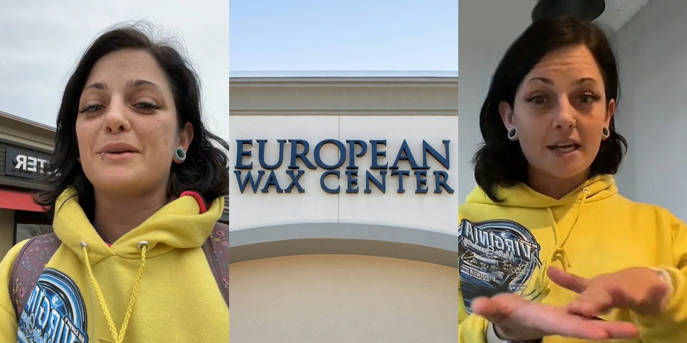 woman speaking outside of European Wax Center (l) European Wax Center sign on building (c) woman speaking making waxing gesture with hands in front of gray walls (r)