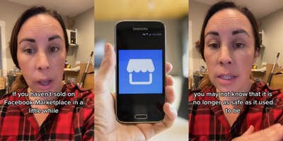 woman speaking caption 'If you haven't sold on Facebook Marketplace in a little while' (l) Facebook Marketplace logo on phone in hand (c) woman speaking caption 'you may not know that it is no longer as safe as it used to be' (r)