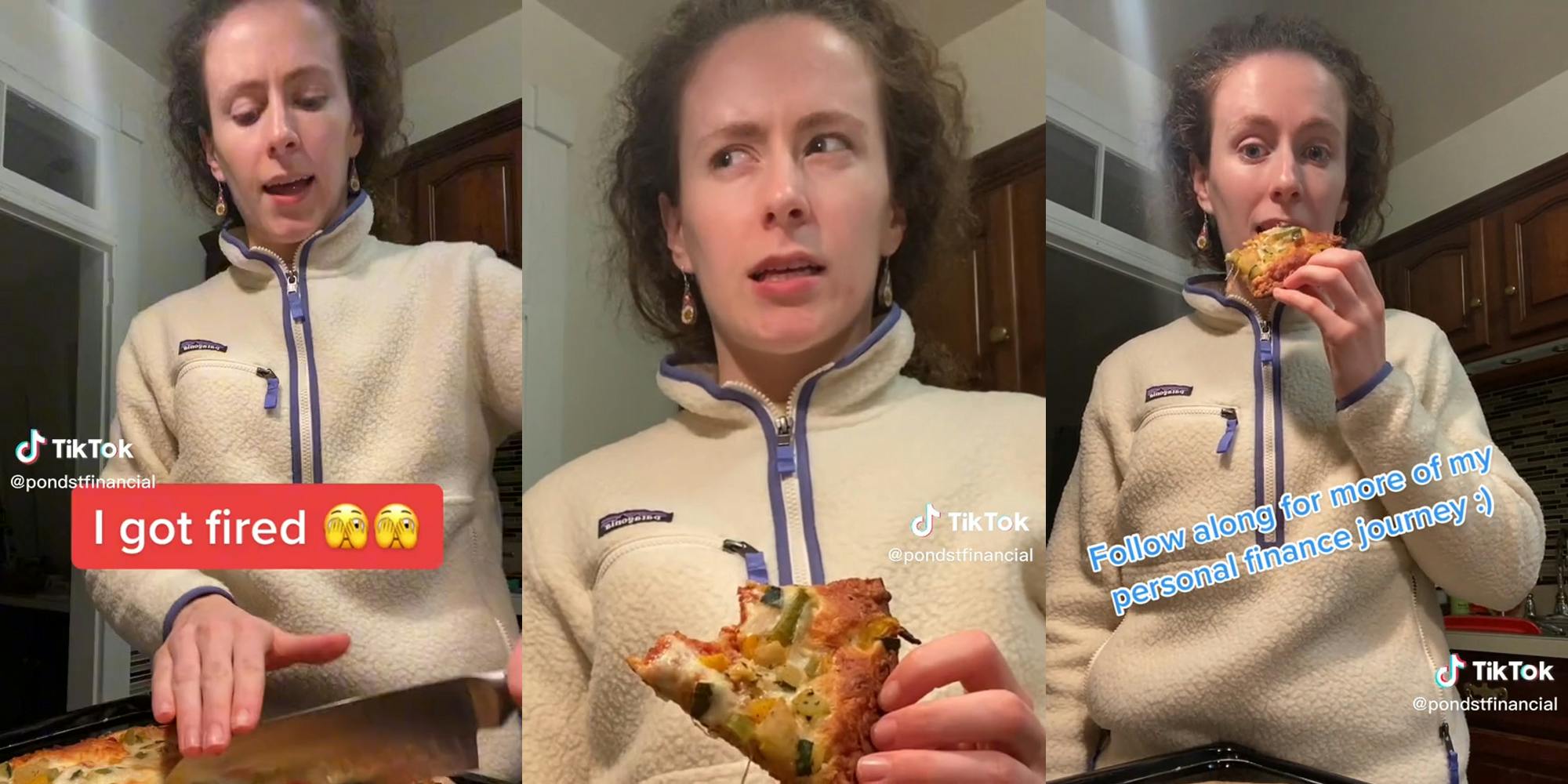 woman cutting and eating pizza in kitchen