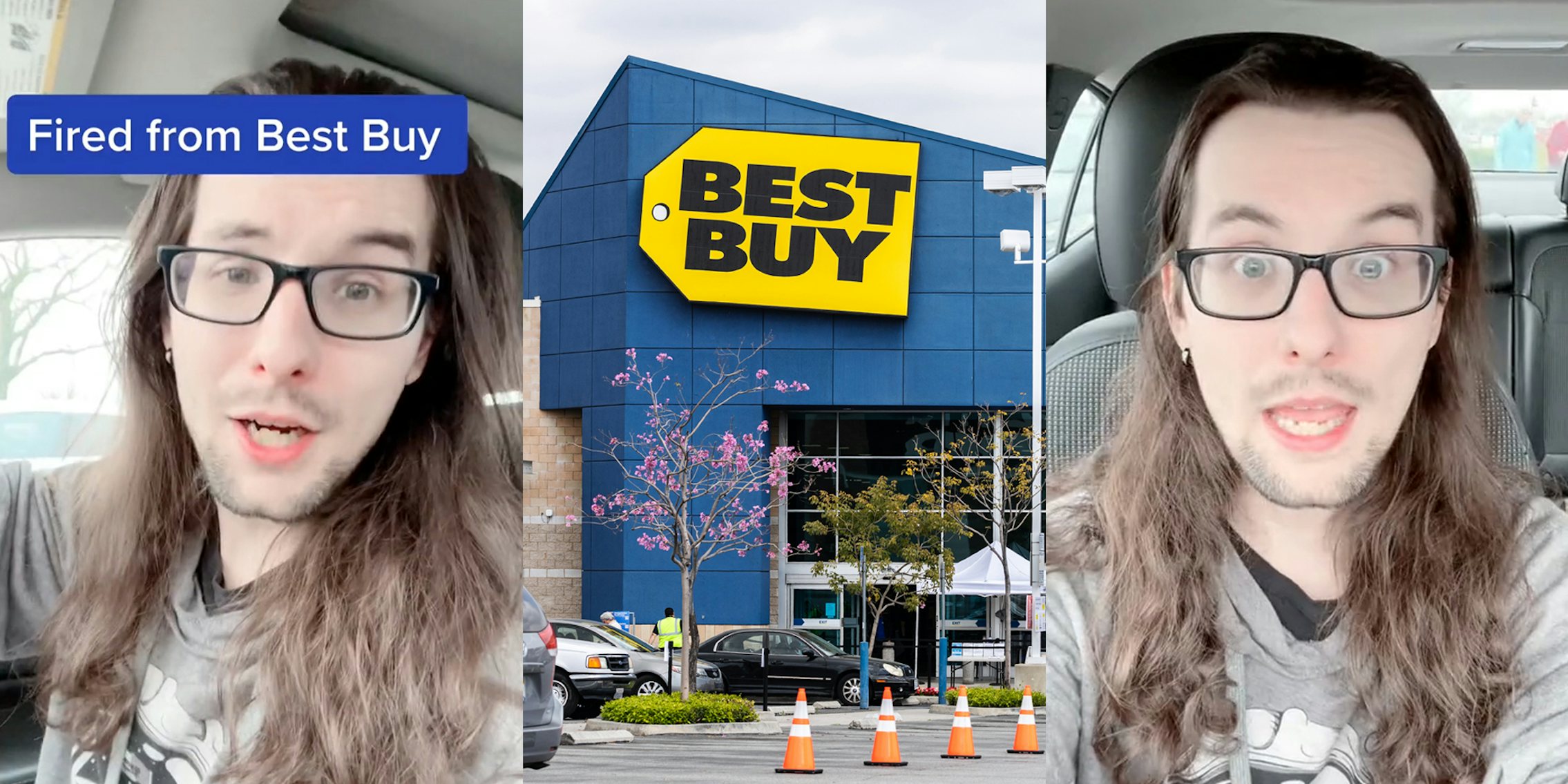 former Best Buy employee speaking in car caption 'Fired from Best Buy' (l) Best Buy building with sign and parking lot (c) former Best Buy employee speaking in car (r)