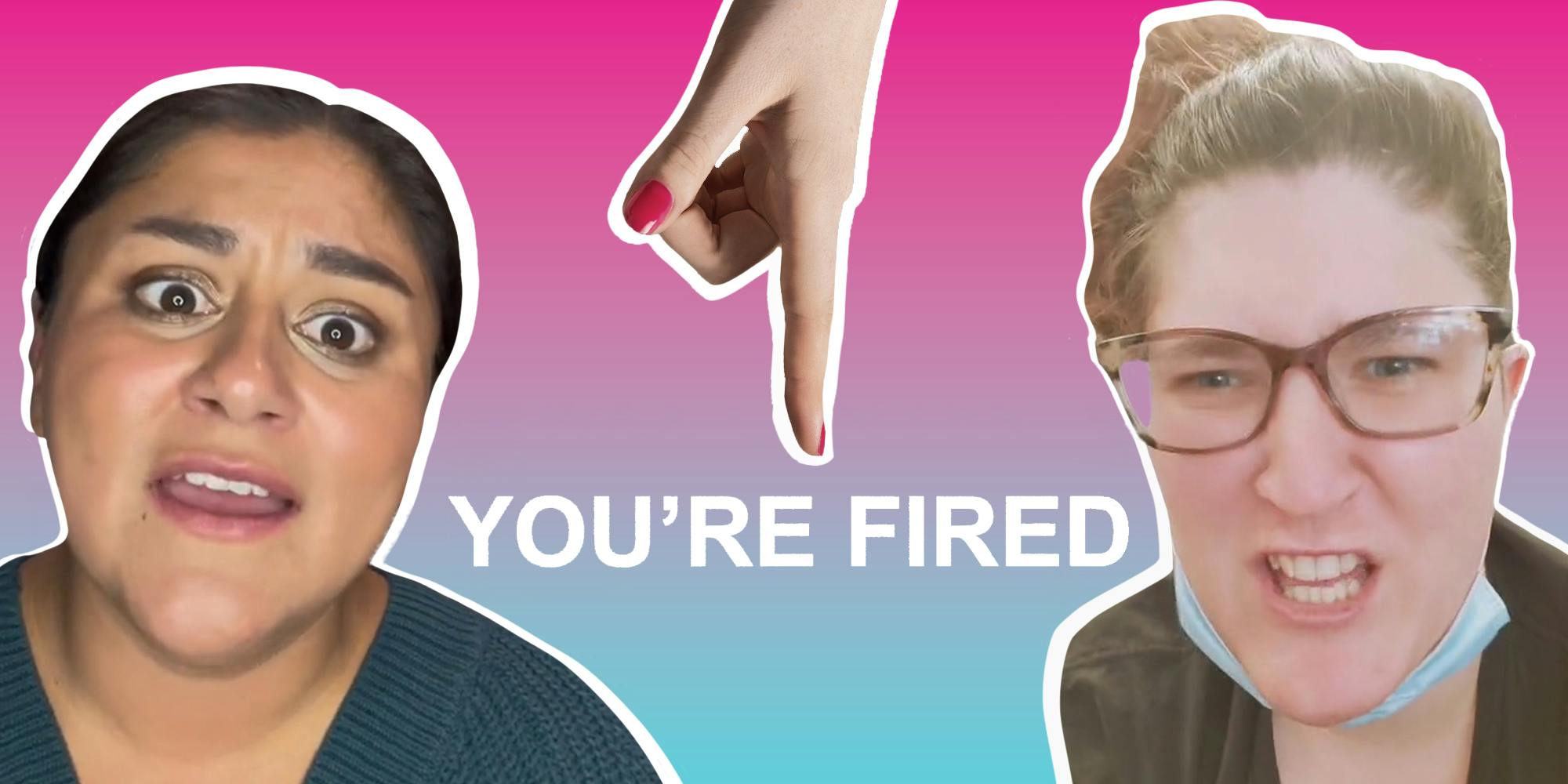 TikTok creators in front of pink to blue gradient background with hand pointing to centered caption "YOU'RE FIRED"