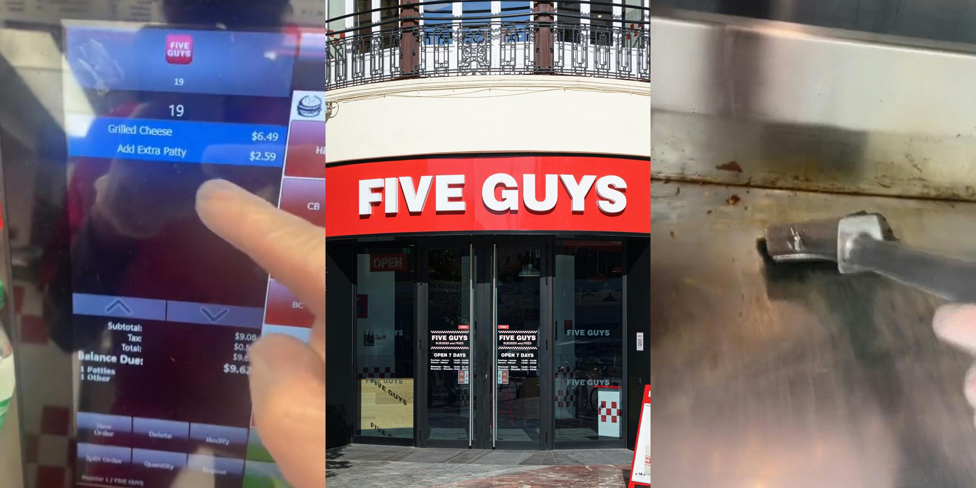 Five Guys employee pointing to order screen with "Grilled Cheese" (l) Five Guys sign on building (c) Five Guys employee scrapping grill clean (r)