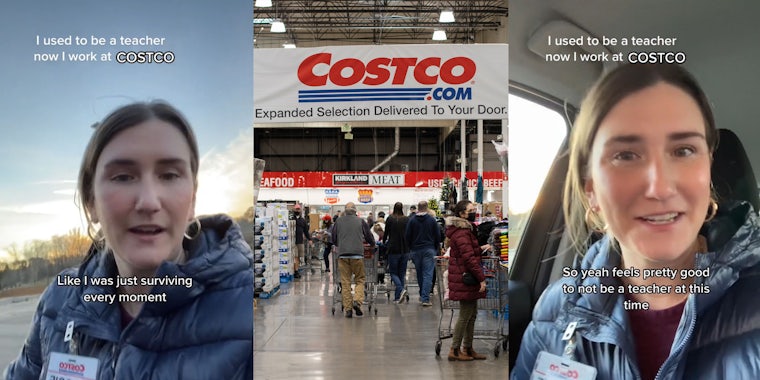 former teacher speaking outside caption 'I used to be a teacher now I work at COSTCO' 'Like I was surviving every moment' (l) Costco sign in Costco with shoppers walking around (c) former teacher speaking in car caption 'I used to be a teacher now I work at COSTCO' (r)