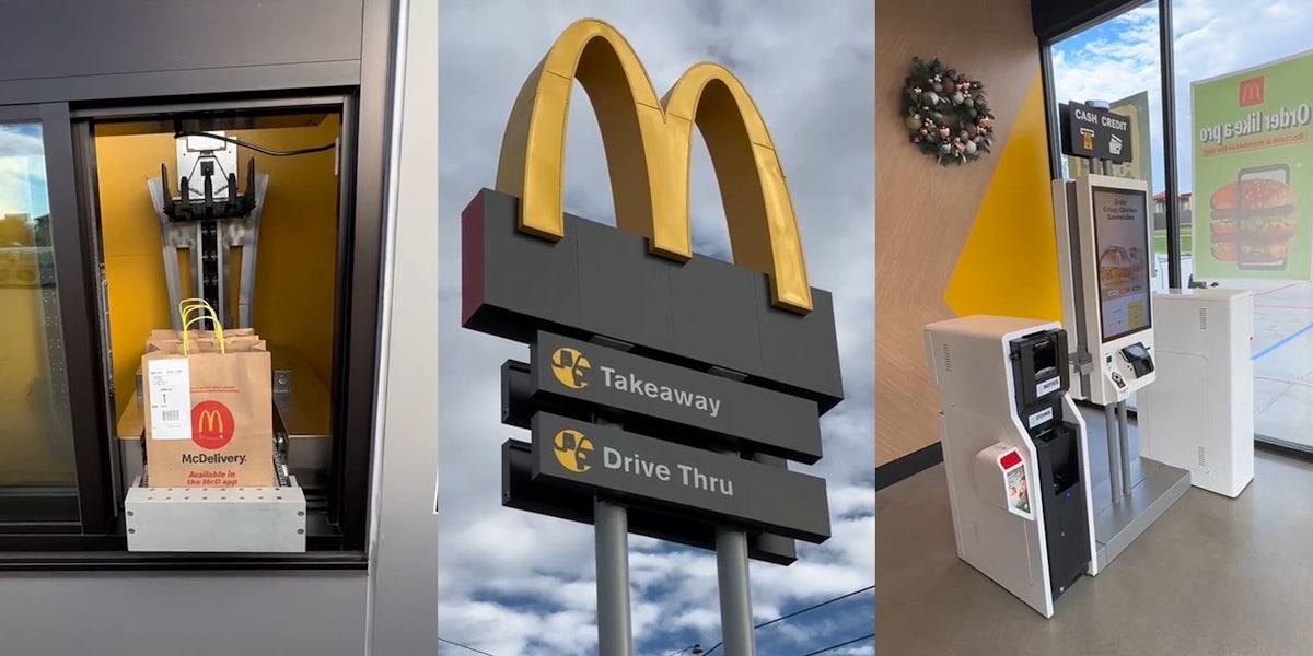 automated McDonald's drive thru with bags ready to be taken (l) McDonald's sign outside 'Takeaway Drive Thru' (c) McDonald's interior with self pay (r)