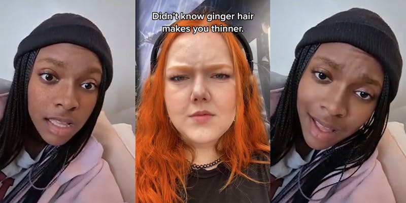 woman speaking with ginger TikTok filter on (l) woman with ginger TikTok filter on caption "Didn't know ginger hair makes you thinner" (c) woman speaking (r)