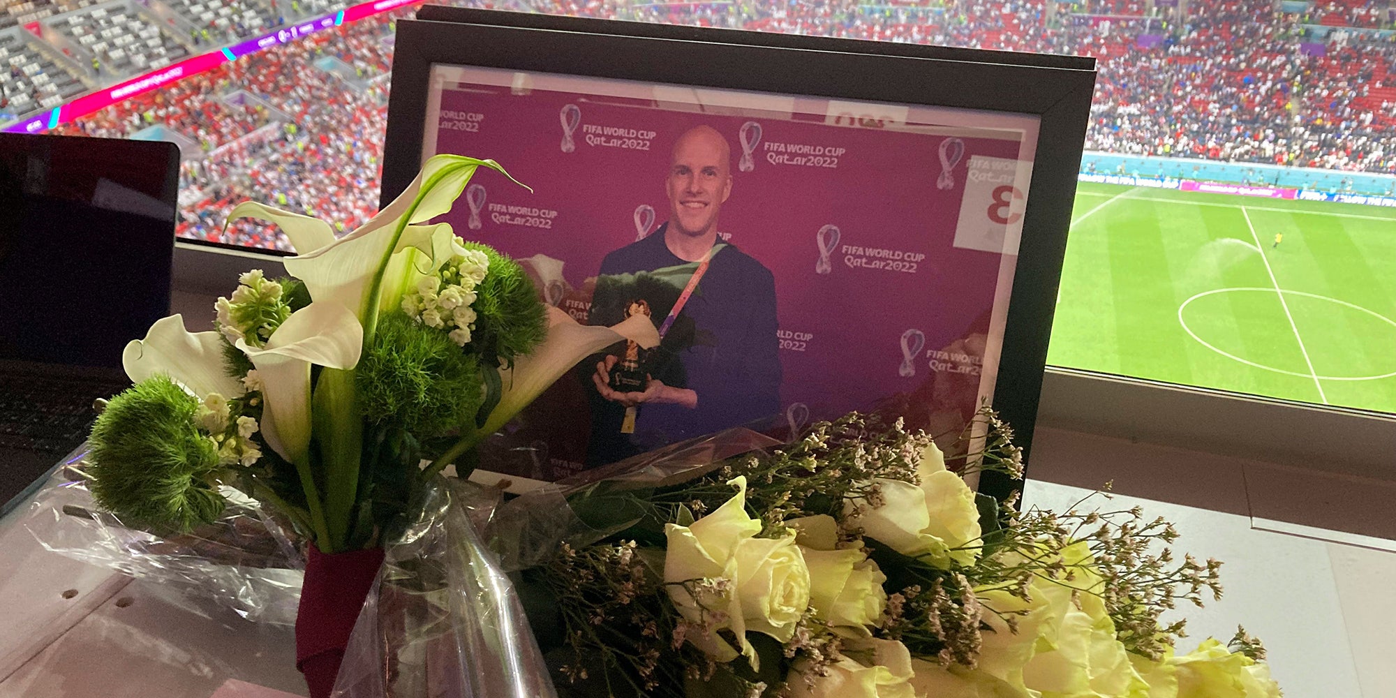 Tribute to journalist Grant Wahl is seen on his previously assigned seat at the World Cup quarterfinal soccer match between England and France, at the Al Bayt Stadium in Al Khor, Qatar, . Wahl, one of the most well-known soccer writers in the United States, died early Saturday Dec. 10, 2022 while covering the World Cup match between Argentina and the Netherlands WCup England France Soccer, Al Khor, Qatar - 10 Dec 2022