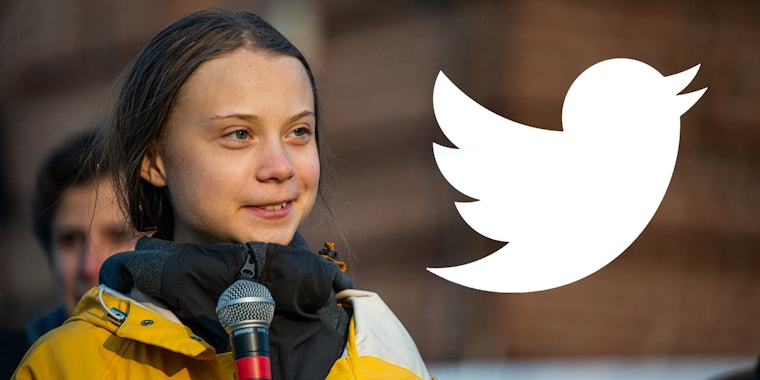 Greta Thunberg speaking into microphone with Twitter logo on her right