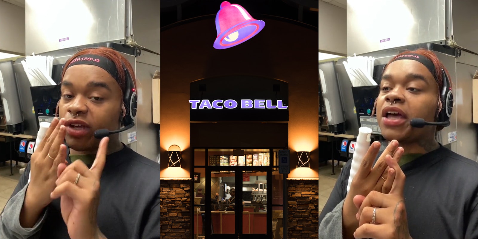 Taco Bell employee speaking with headset on while counting items on fingers (l) Taco Bell entrance at night with sign (c) Taco Bell employee speaking with headset on while counting items on fingers (r)