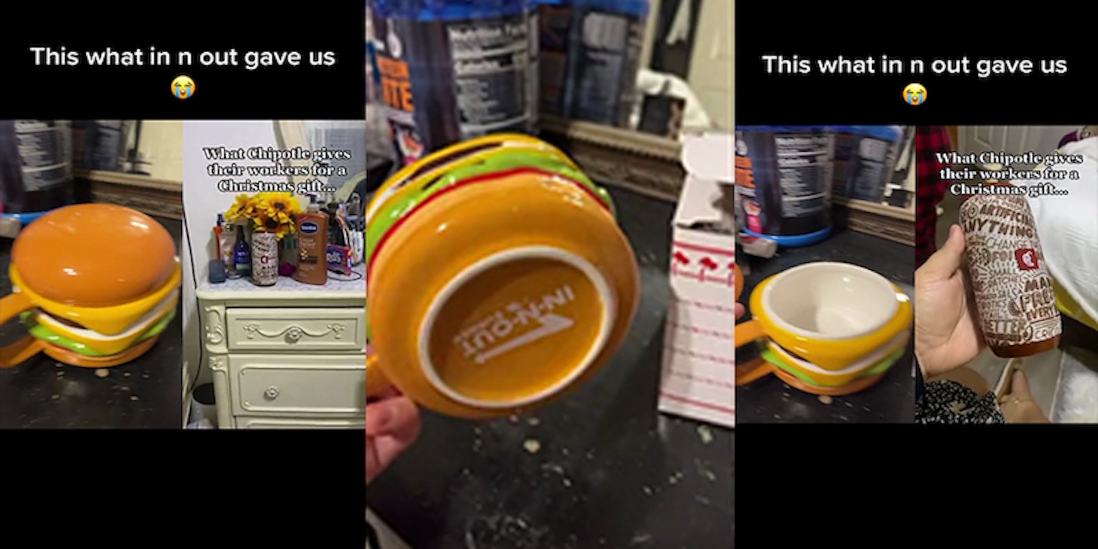 in-n-out ceramic hamburger mug, two images show a stitched tiktok video of a speaker that chipotle employees received for Christmas