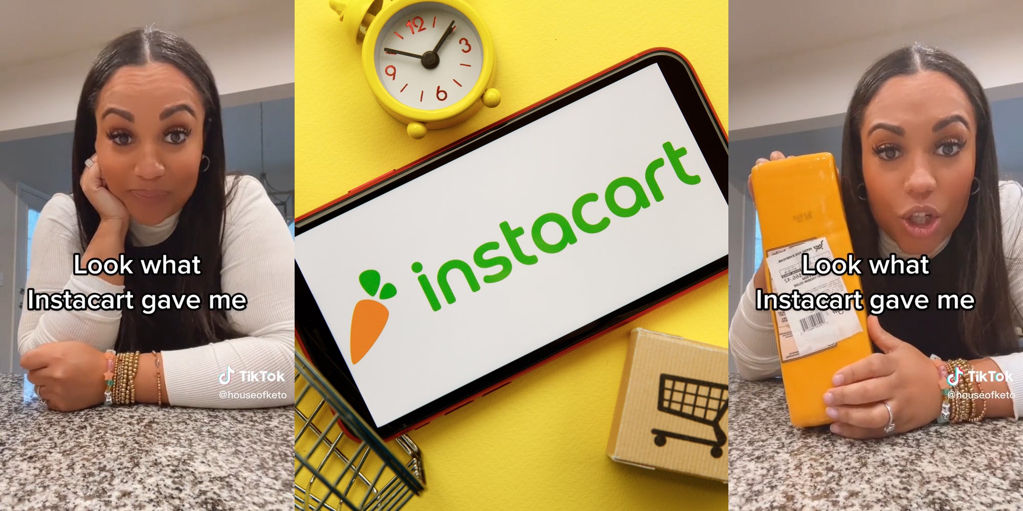 woman with caption 'look what instacart gave me' holding large block of cheese