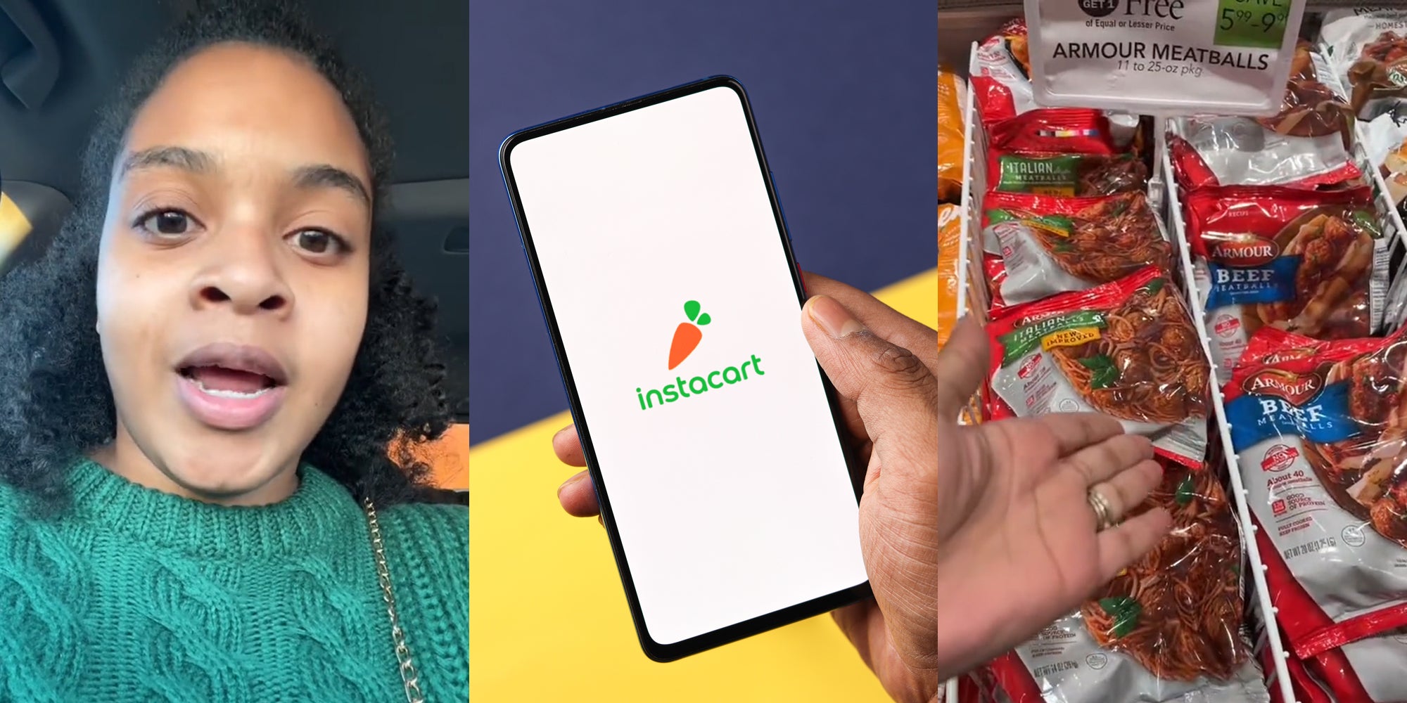 woman speaking in car (l) phone in hand with Instacart on screen in front of diagonal split purple to yellow background (c) hand pointing to meatballs at store (r)