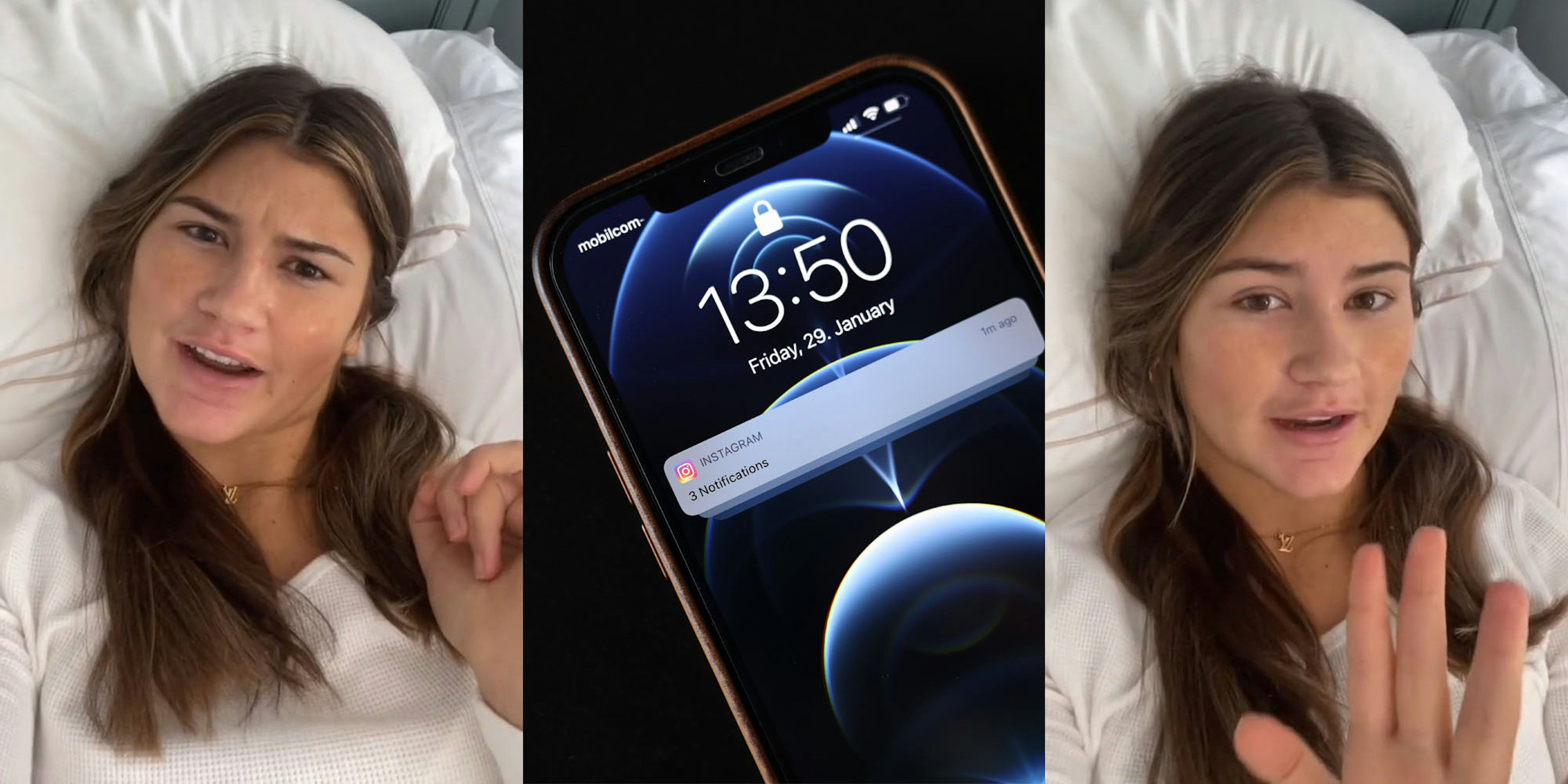 woman laying on bed speaking (l) phone with 3 Instagram notifications on screen in front of black background (c) woman laying on bed speaking with hand up (r)