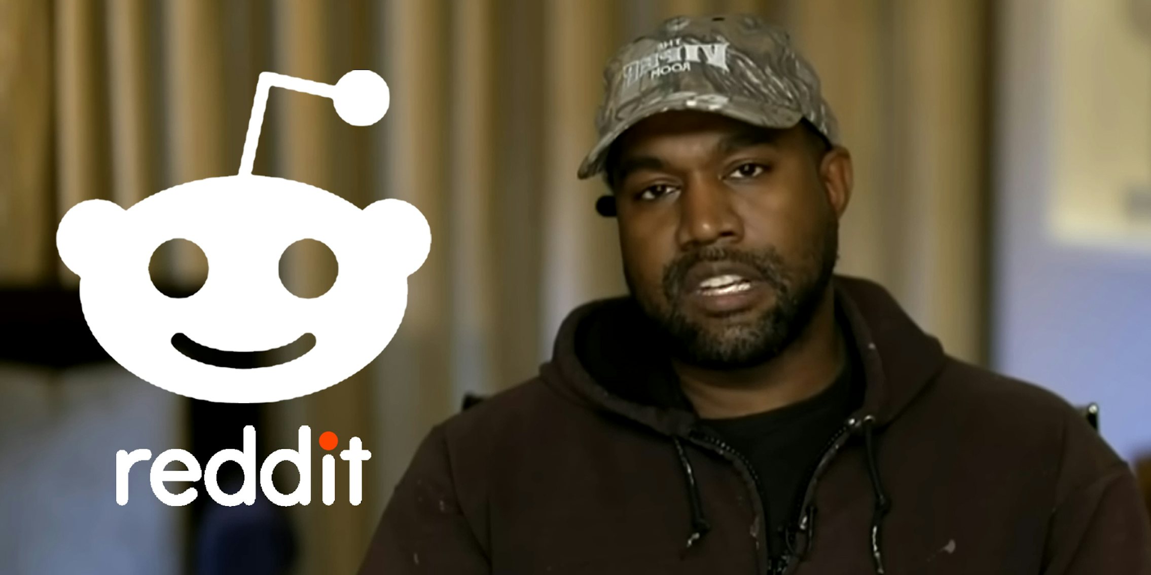 Kanye West speaking with Reddit logo to his left