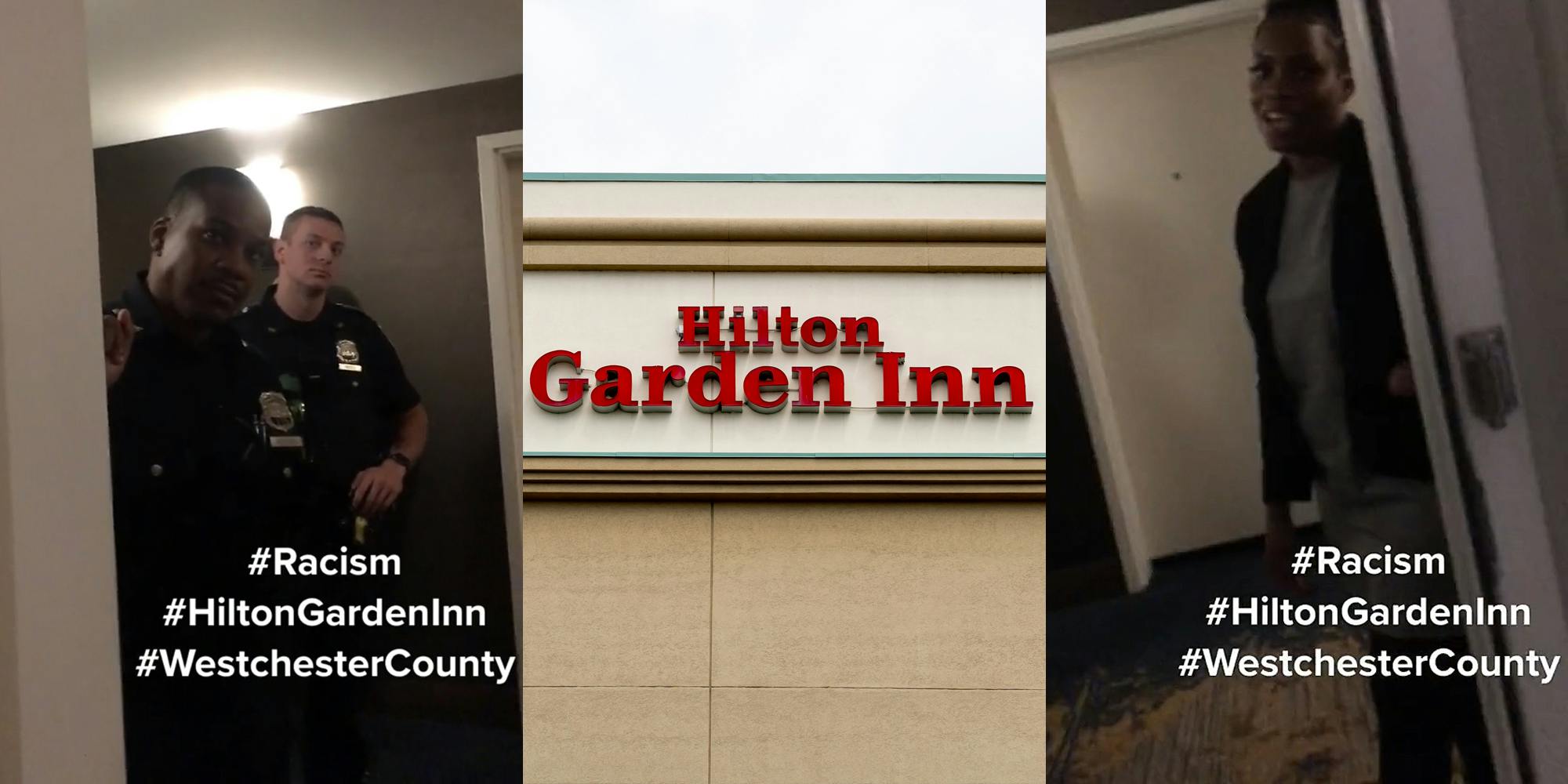 police with hand on open doorway at Hilton Garden Inn hotel room with caption "#Racism #HiltonGardenInn #WestchesterCounty" (l) Hilton Garden Inn sign on building (c) woman with hand on open doorway at Hilton Garden Inn hotel room with caption "#Racism #HiltonGardenInn #WestchesterCounty" (r)