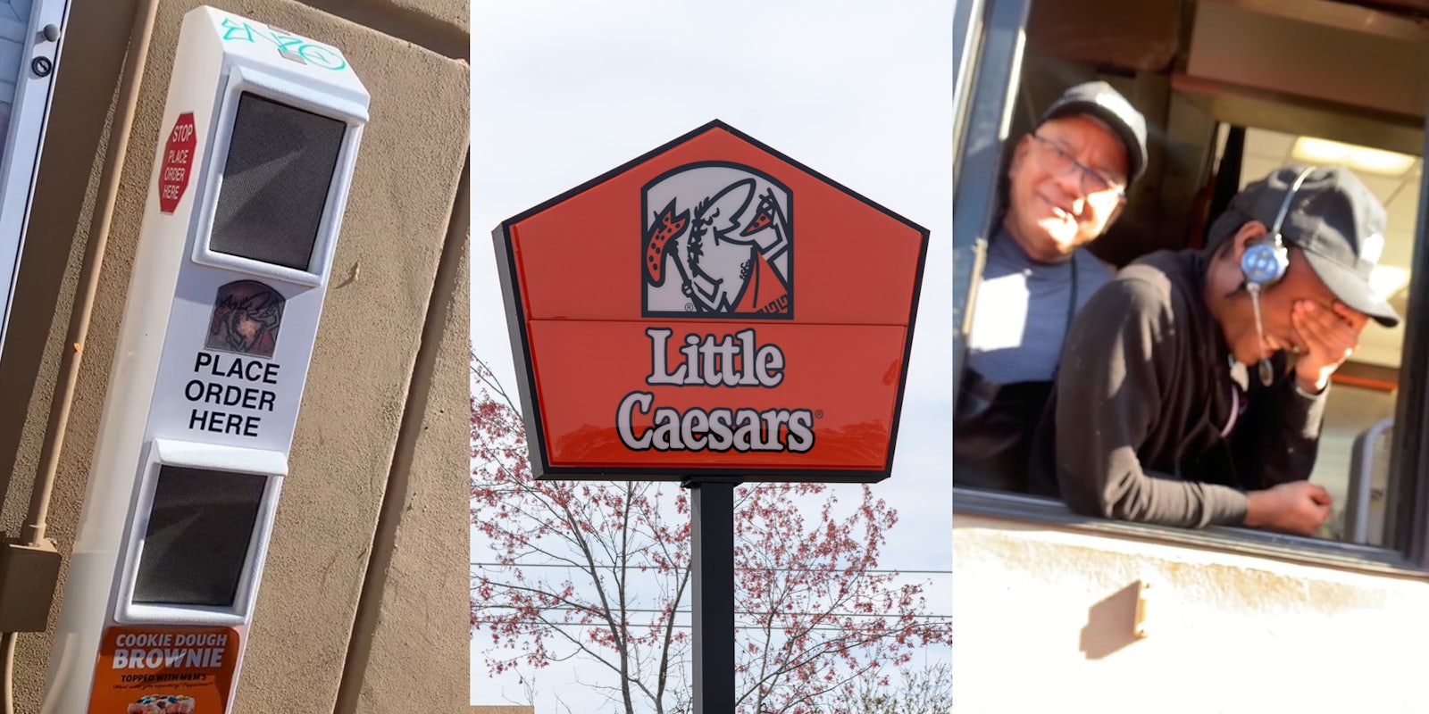 Little Caesar's drive thru ordering speaker (l) Little Caesars sign (c) Little Caesar's employees at drive thru window reacting (r)