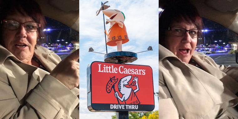 woman speaking in car pointing right (l) Little Caesar's sign with statue (c) woman speaking in car (r)