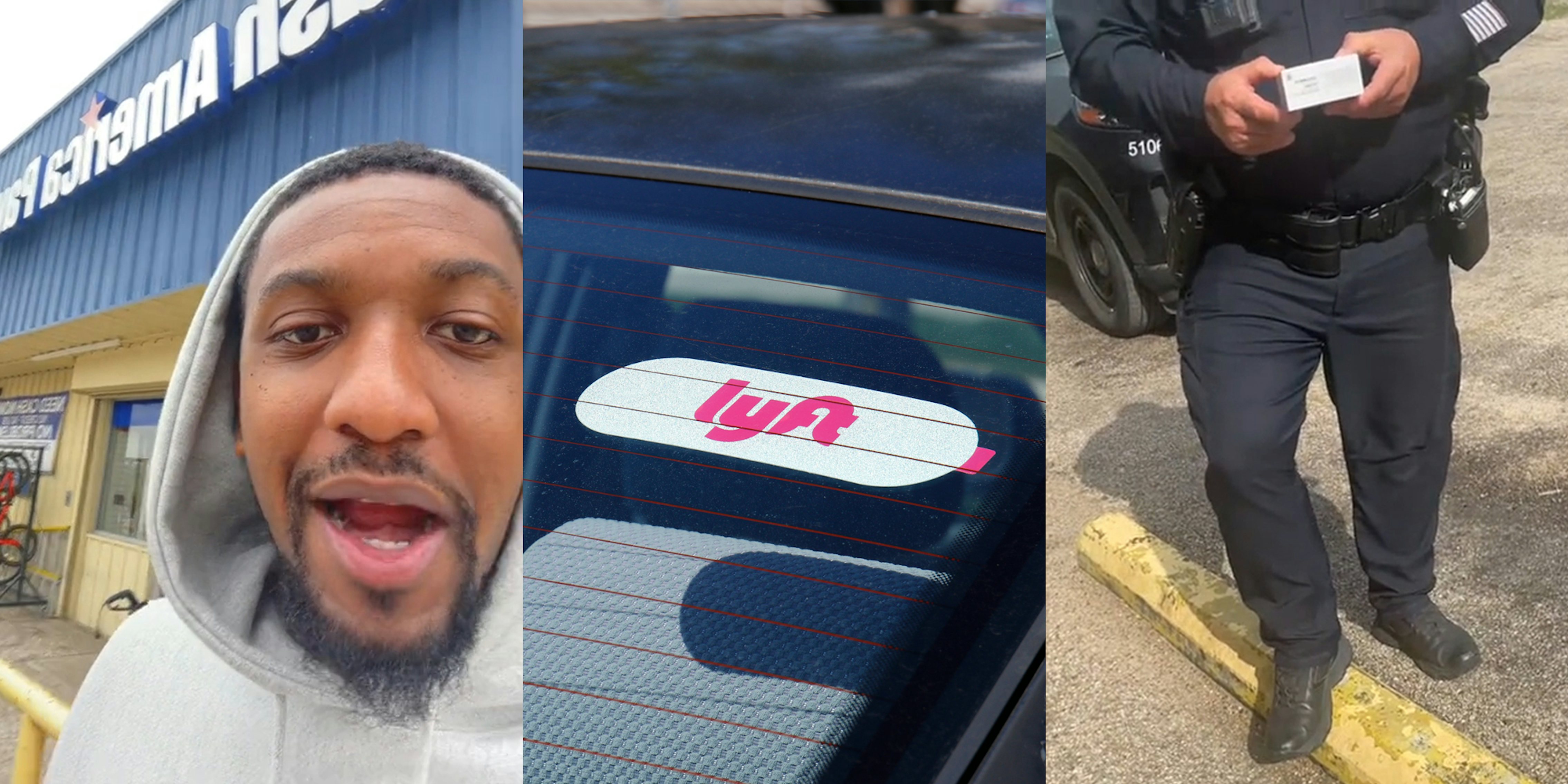 man speaking outside of pawn shop (l) Lyft sticker in car window (c) police holding small box outside (r)