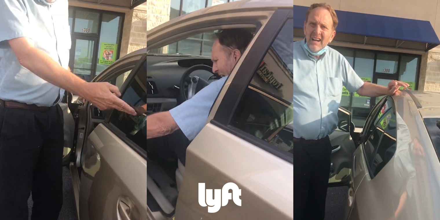 Lyft driver pointing to backseat of car (l) Lyft driver yelling in driver seat with Lyft logo centered at bottom (c) Lyft driver yelling at customer with hand on car (r)