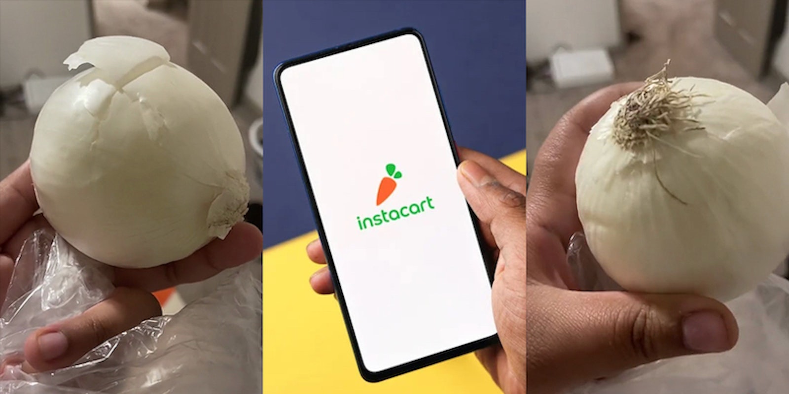 instacart customer shows onion that their shopper substituted for a green apple, phone open to instacart logo