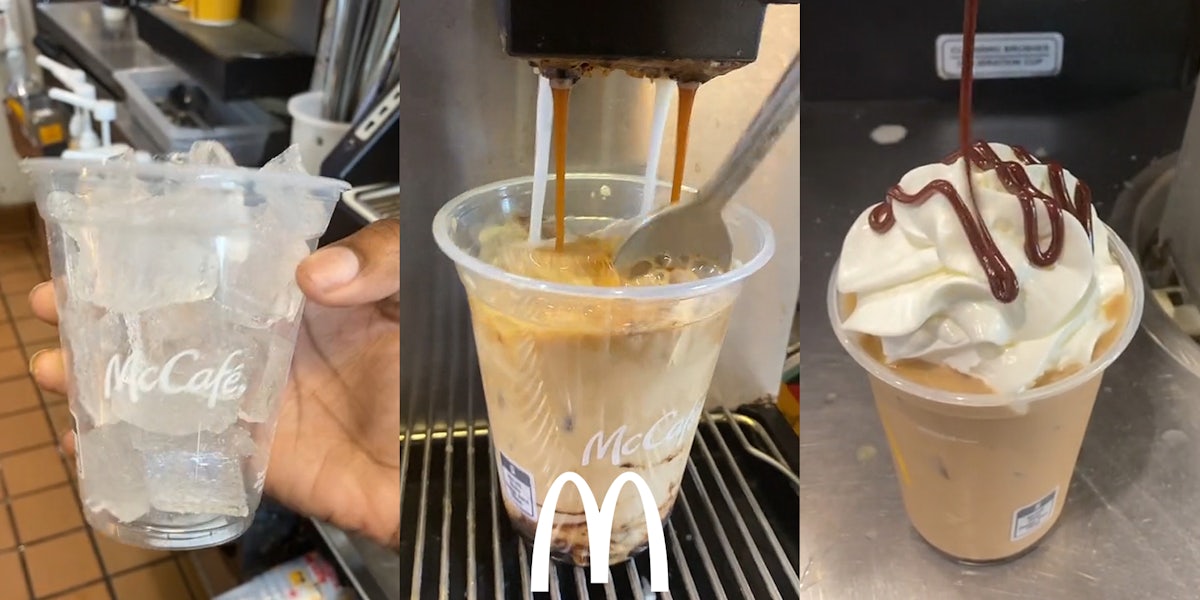 McDonald's worker holding cup of ice (l) McDonald's Iced Mocha being stirred with a spoon on machine with McDonald's 'M' logo centered at bottom (c) McDonald's Iced Mocha with drizzle being poured on top (r)