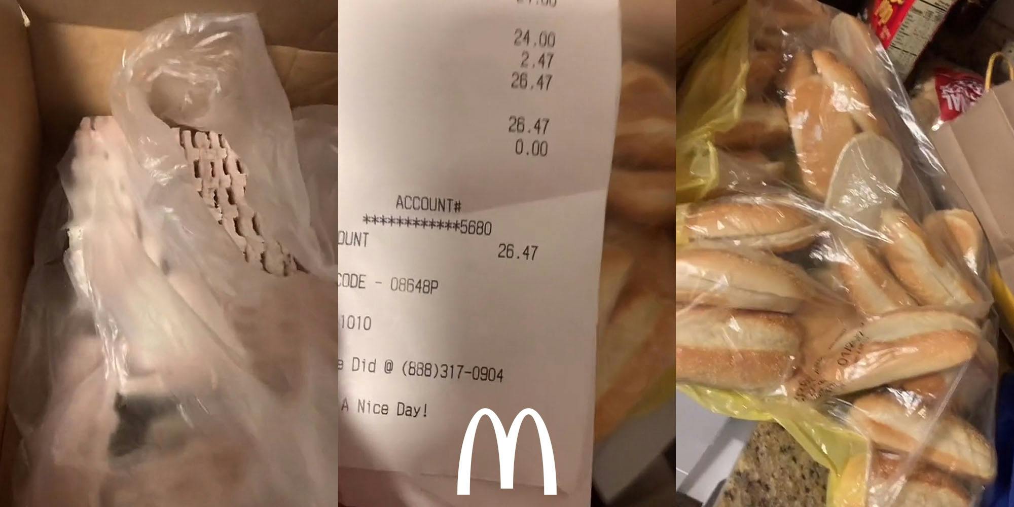 26 frozen McRibs in bag (l) receipt with total at $26.47 with McDonald's "M" logo centered at bottom (c) McRib buns in bag (r)