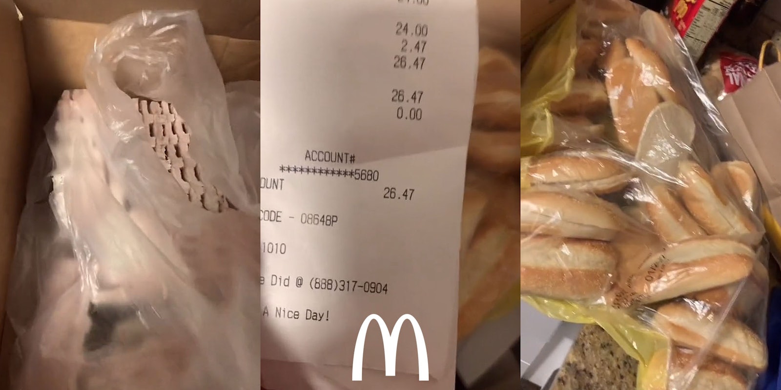 26 frozen McRibs in bag (l) receipt with total at $26.47 with McDonald's 'M' logo centered at bottom (c) McRib buns in bag (r)