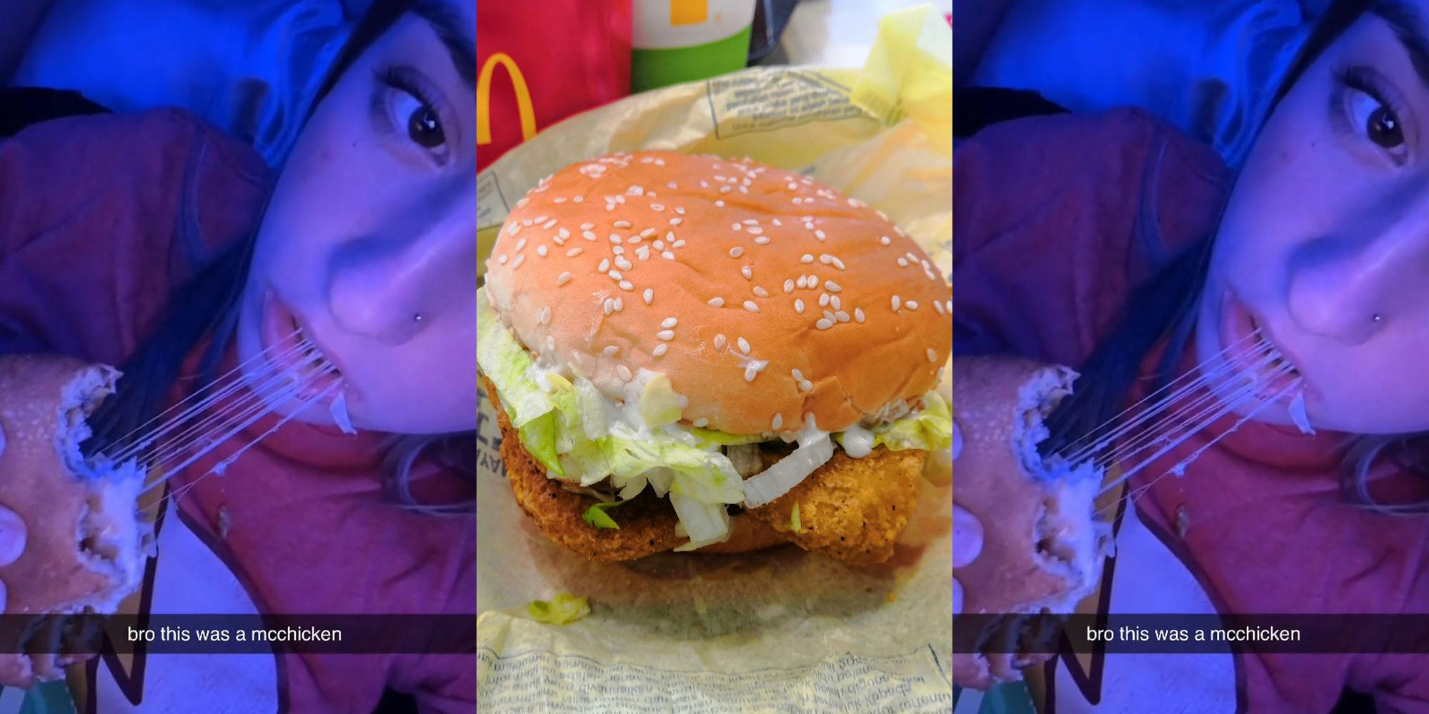 person biting "strings" and pulling them with teeth from McChicken with caption "bro this was a mcchicken" (l) McChicken on packaging (c) person biting "strings" and pulling them with teeth from McChicken with caption "bro this was a mcchicken" (r)