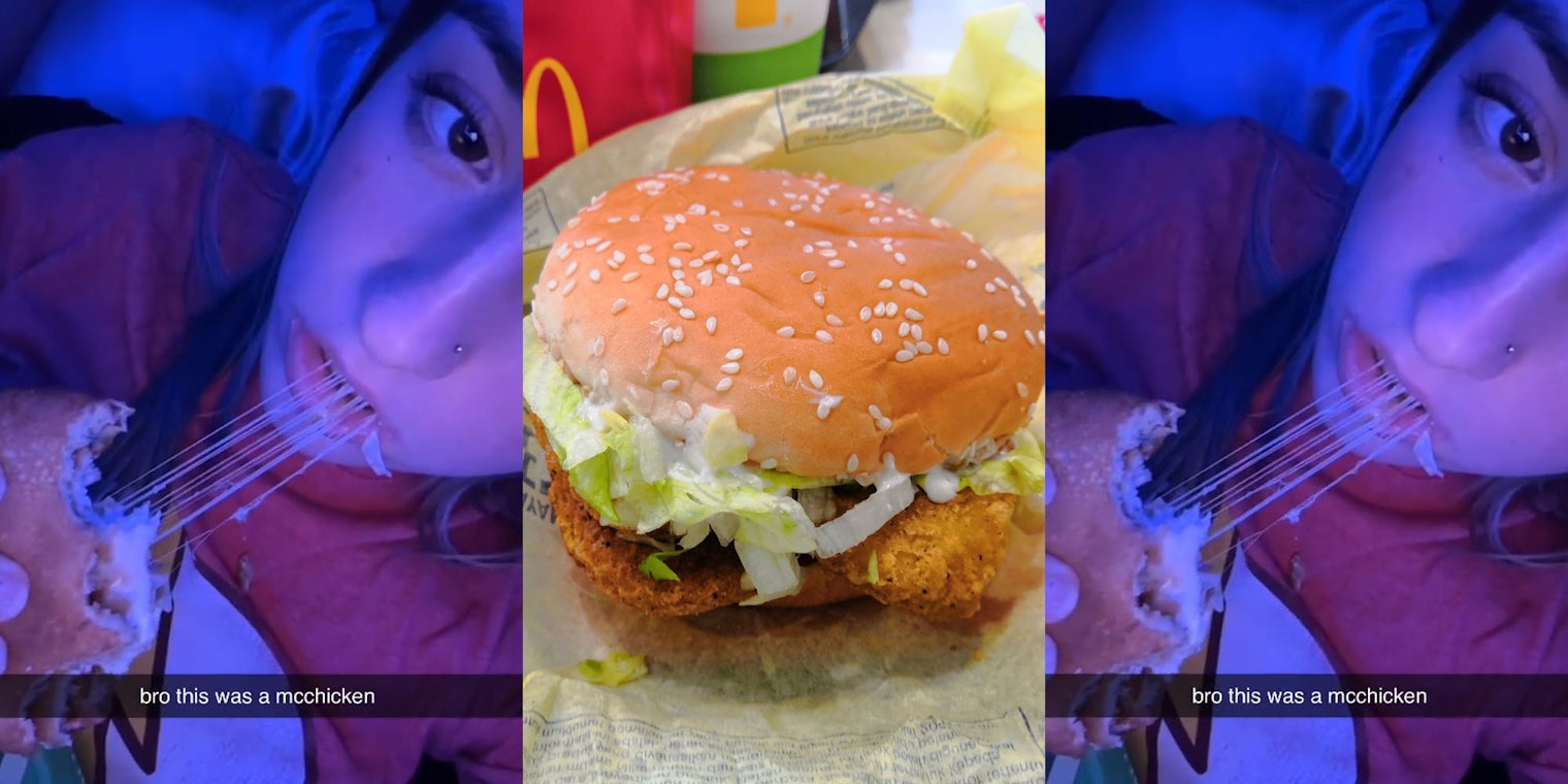 person biting 'strings' and pulling them with teeth from McChicken with caption 'bro this was a mcchicken' (l) McChicken on packaging (c) person biting 'strings' and pulling them with teeth from McChicken with caption 'bro this was a mcchicken' (r)