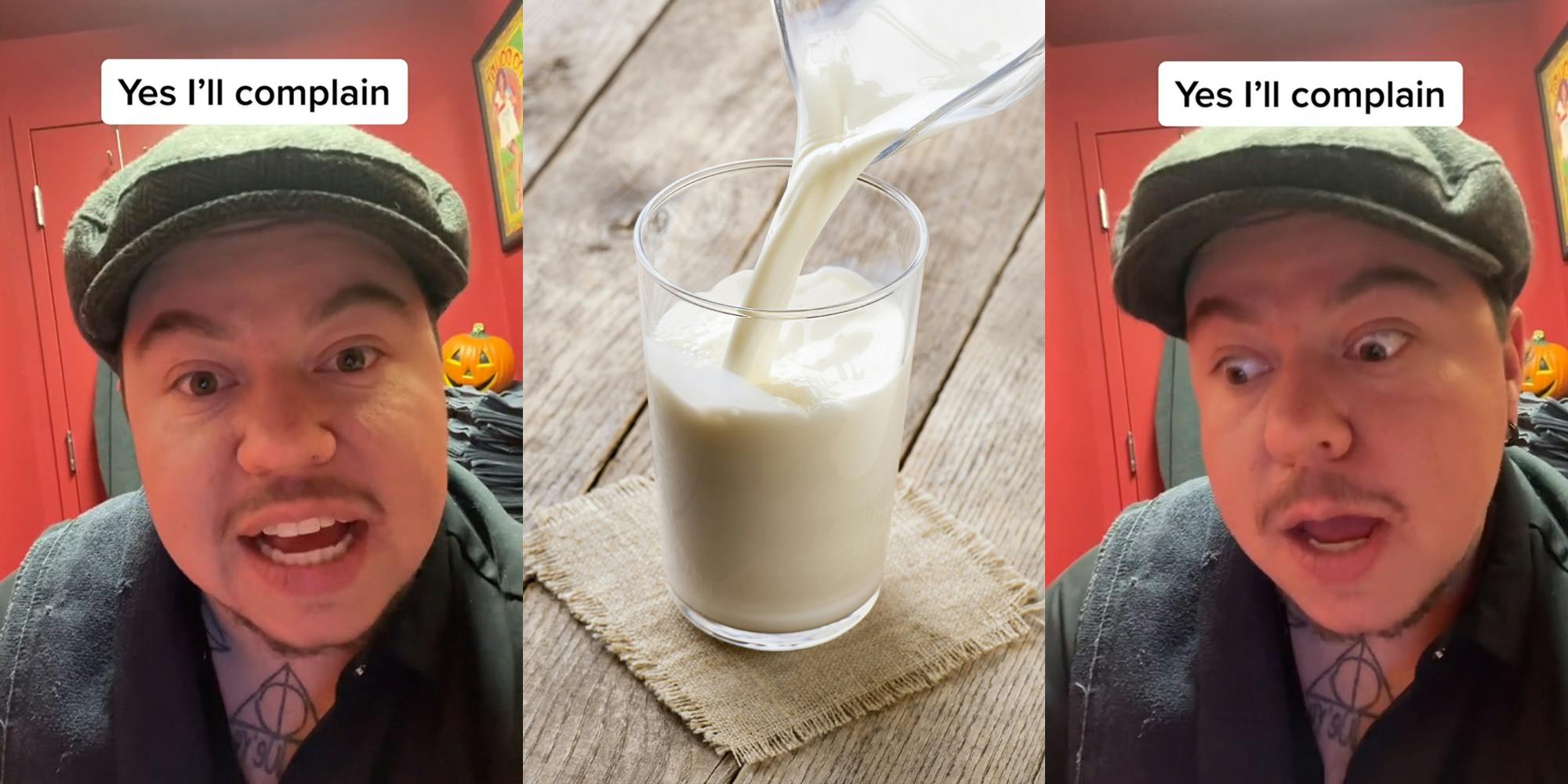 server speaking in front of red walls caption "Yes I'll complain" (l) milk being poured form jug into glass on wooden surface (c) server speaking in front of red walls caption "Yes I'll complain" (r)