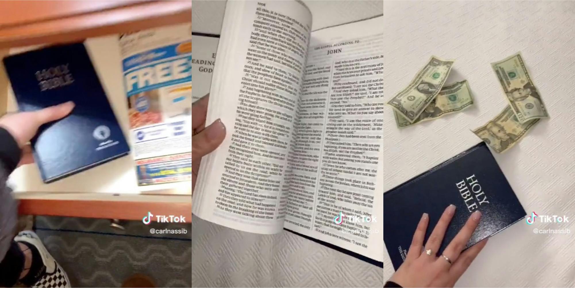 woman flips through hotel bible and finds money tiktok