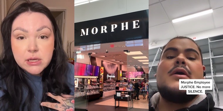 woman speaking with hand on chest (l) Morphe sign over store (c) Morphe employee speaking caption 'Morphe Employee JUSTICE. No more SILENCE.' (r)