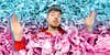 Mr Beast in pile of cash blue to pink vertical gradient Passionfruit Remix