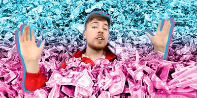 Mr Beast in pile of cash blue to pink vertical gradient Passionfruit Remix