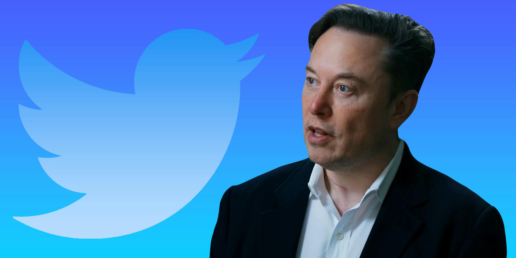 Elon musk speaking on dark to light blue background with Twitter logo to left