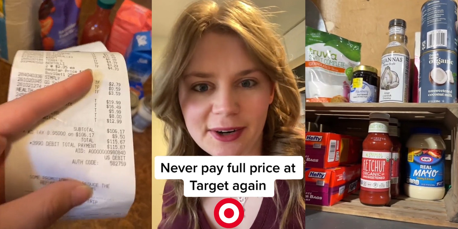 person holding $115 receipt from Target with items behind (l) woman speaking caption 'Never pay full price at Target again' with Target logo centered at bottom (c) clearance items from target on shelf (r)