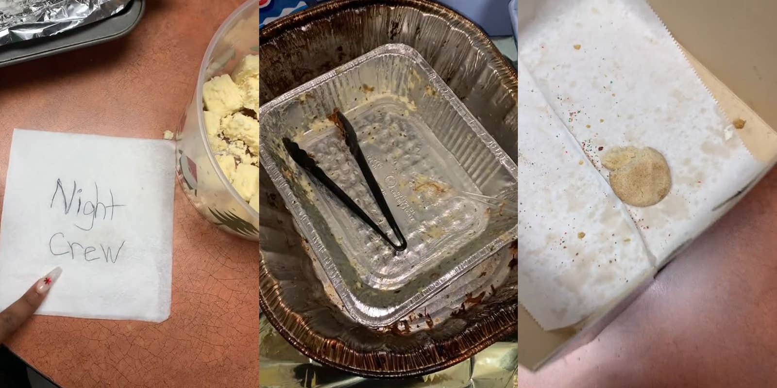 napkin on table with Night crew written in sharpie with finger pointing to it (l ) empty trays with tongs inside (c) box with one cookie left on table (r)